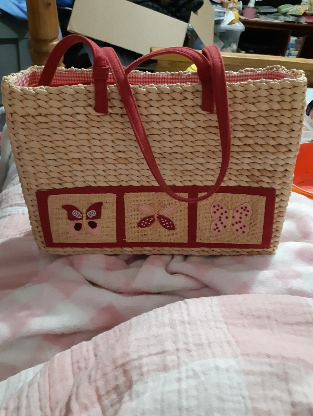 3/$30 Straw Tote Bag with Red Butterfly Accents